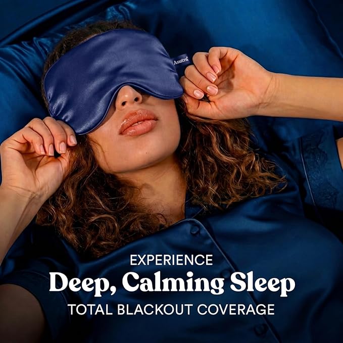 ASUTRA Silk Eye Pillow for Sleep, Navy - Filled w/Lavender Buds & Flax Seeds, Weighted Eye Mask, Meditation & Light Blocking Blindfold, Cooling Gel Mask Included