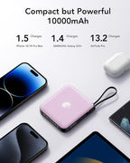 VRURC Portable Charger with Built-in Cable, 10000mAh 22.5W Fast Charging USB C Battery Pack, Cell Phone Power Bank for iPhone 17 16 15 Series Android Tablet (Purple)