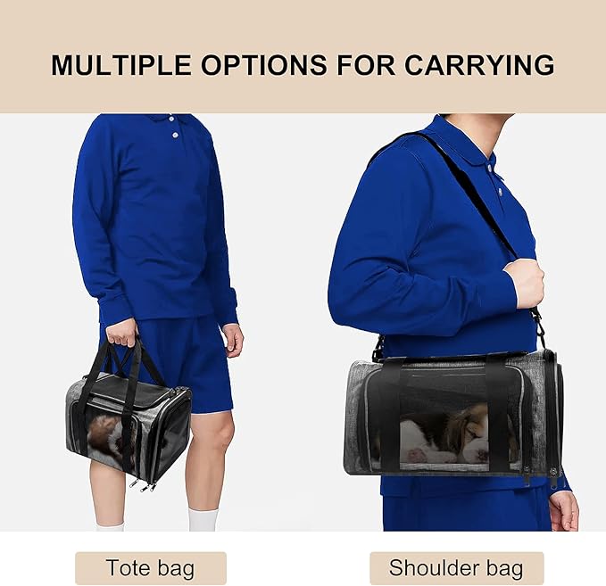 Pet Carrier for Small Dogs Cats, Up to 15Lbs, Airline Approved Collapsible Travel Puppy Carrier, 17x11x11 Inches, Grey
