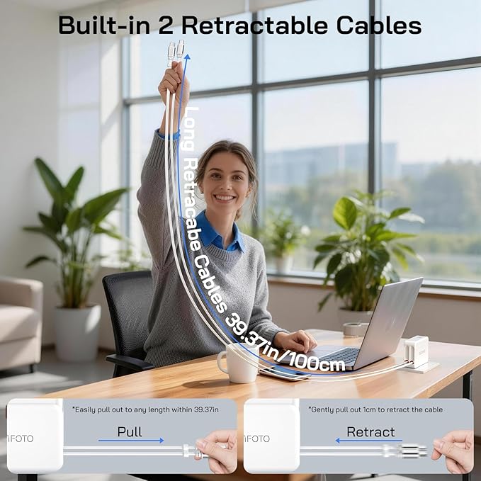 5-in-1 Retractable Wall Charger with Dual Cables, 50W Retractable Phone Charger with Dual 3.3FT USB C Cables, 30W Fast Charging Block Wall Plug for iPhone 17 16 15 Pro Max, G-alaxy S26 S25, i Pad