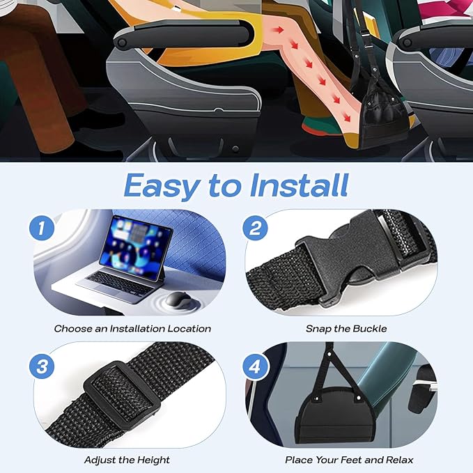2-Pack Airplane Foot Hammock, Adjustable Travel Foot Rest for Plane, Train, Bus, Lightweight Travel Essentials for Long Flights, Comfortable Travel Accessories