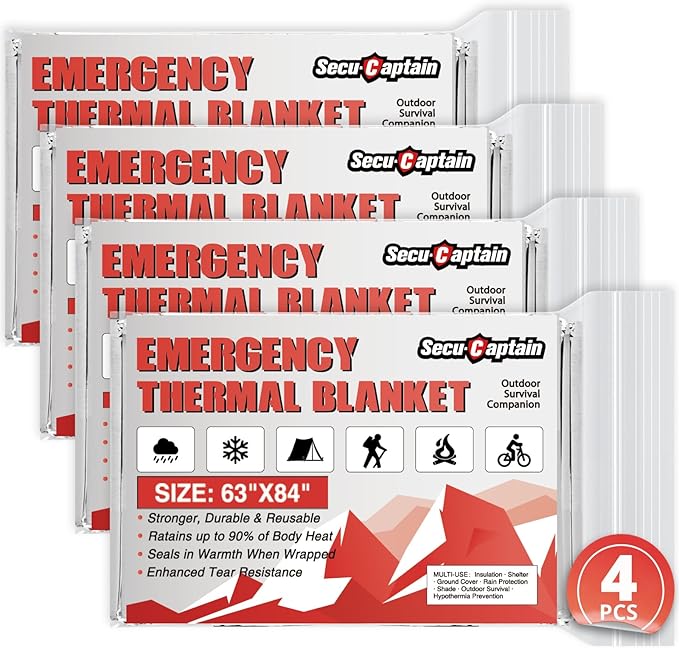 SecuCaptain Survival Emergency Thermal Blankets: Extra Large 84” x63” 4/10/25/30/50/75/100 PCS Space Mylar Blanket Kit for Outdoor Cold Winter Camping Hiking Car Bug Out Bag or First Aid