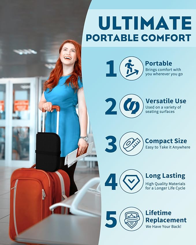 Gel Travel Seat Cushion, Portable Airplane Seat Cushion, 16.5" x 12" Large Size Foldable for Airplane Seats, Office Chair, Camping, Bleachers, Flights, Commute