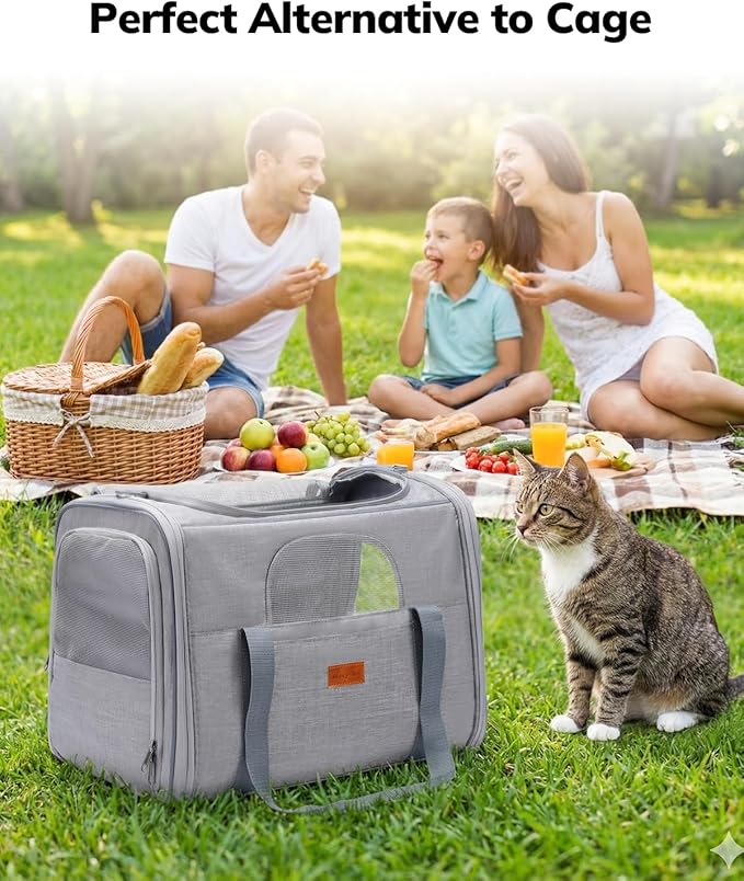 Morpilot Portable Cat Carrier - Soft Sided Cat Carrier for Medium Cats and Puppy up to 15lbs, Pet Carrier with Locking Safety Zippers, Foldable Bowl, Airline Approved Travel Dog Carrier - Light Gray