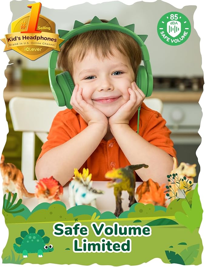 iClever Kids Headphones for School Travel, Safe Volume 85dBA, Stereo Sound Over-Ear for Kid, Foldable 3.5mm Wired Dinosaur Headphones for iPad Computer, HS19S