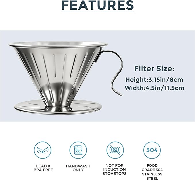 AGOGO V60 Coffee Dripper - Unbreakable 304 Stainless Steel Pour Over Cone for Travel & Camping, Includes 50 Paper Filters & Barista Towel - Silver