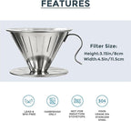 AGOGO V60 Coffee Dripper - Unbreakable 304 Stainless Steel Pour Over Cone for Travel & Camping, Includes 50 Paper Filters & Barista Towel - Silver