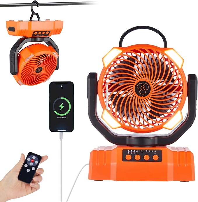 Rechargeable Fan,Operated Camping Battery Powered Fan with Hook&Bright LED Light,Remote Control Timer Auto Oscillation Cordless for Outdoor Power Outage,Picnic,Barbecue,Fishing,Worksite,Home,Tent