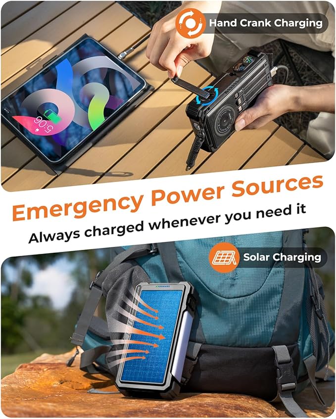 BLAVOR Solar Power Bank with Hand Crank and 4 Cables, 20000mAh Wireless Portable Charger with USB C & Camping Light, 20W Fast Charging Battery Pack for iPhone, iPad, Samsung, All Mobile Phones