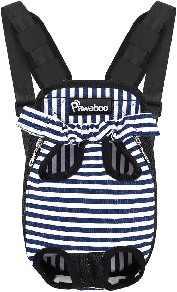 Pawaboo Pet Carrier Backpack, Adjustable Pet Front Cat Dog Carrier Backpack Travel Bag, Legs Out, Easy-Fit for Traveling Hiking Camping for Small Medium Dogs Cats Puppies, Medium, Blue & White Stripes