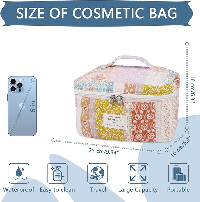 Gosect Floral Quilted Makeup Bag, Large Capacity Travel Cosmetic Organizer Bag with Handle, Portable Toiletry Bag for Women Girls 6.3'' x 6.3'' x 9.84''(Multicolor)