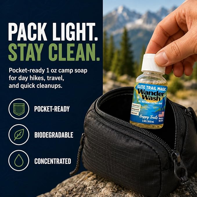 Elite Trail Magic- Wander Wash Biodegradable Castile Camp Soap – Ultralight 1 oz Concentrated Liquid Soap for Camping- Dish Wash Station-Travel & Backpacking – All Purpose, Unscented