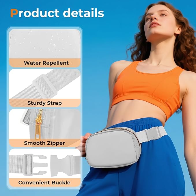 Belt Bag Zipper Fanny Pack Crossbody Bags for Women,Fashion Nylon Waist Packs, Water Repellent Two Way wear with Adjustable Strap Gifts for Teenage Girls Women Men(light gray)
