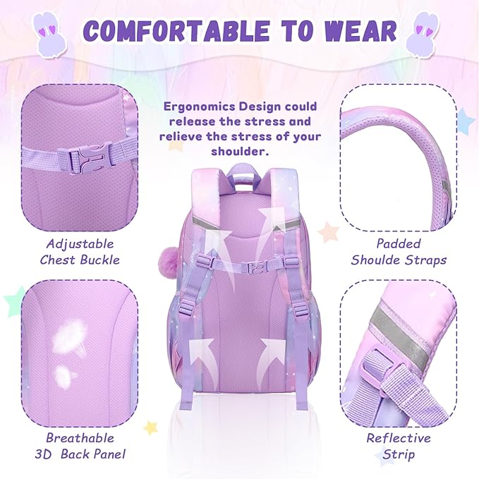 PIG PIG GIRL Kids Backpack for Girls - School Bags for Middle School Students - Book Bag for Elementary Primary - Kawaii Ita Backpack - Purple