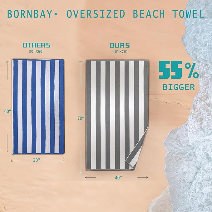 Bornbay Large Beach Towel Oversized - 40"X70" Big Mens Beach Towesl, Extra Large Thick Gray Beach Towels, XL Wide Fluffy Swimming Towel Oversize, Giant Stripe Cotton Pool Towel for Adults