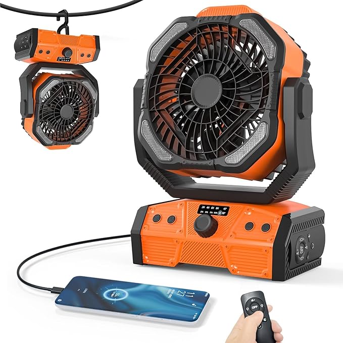 Portable Rechargeable Fan, 3-in-1 Camping Fan with 20000mAh Battery Powered, LED Lights, USB C, Remote Auto Oscillating for Indoor, Tent, Travel, Car, BBQ, Fishing, Camping Essentials