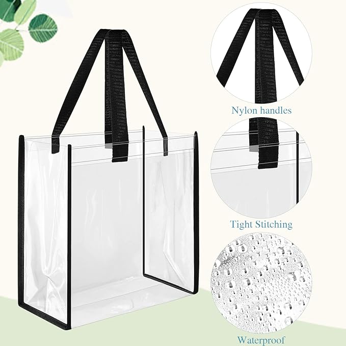 Eccliy 30 Pack 12x12x6 Inch Clear Tote Bag Stadium Approved Bulk Plastic Beach Tote Gift Bag with Handle for Gym Sports | 30 Pack, 12x12x6 Inch, Stadium Approved, Bulk, with Handle, Tote Gift Bag
