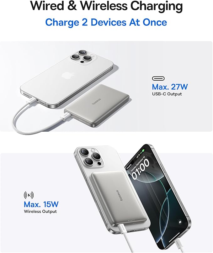 Baseus Picogo Magsafe Portable Charger, Qi2 15W 0.5" Ultra Slim 10000mAh Wireless Power Bank, 27W Fast Charging Magnetic Battery Pack with USB-C for iPhone 17 Pro Max/17 Pro/Air/16/15/14/13/12