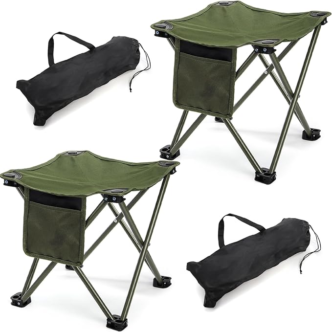 Cididu 2 Pack Camping Stool, Compact Camping Chair Portable, 13 Inch Lightweight Folding Stool Seat with Side Pocket and Carry Bag for Outdoor Hiking Fishing Picnic Beach and Lawn Party, Green