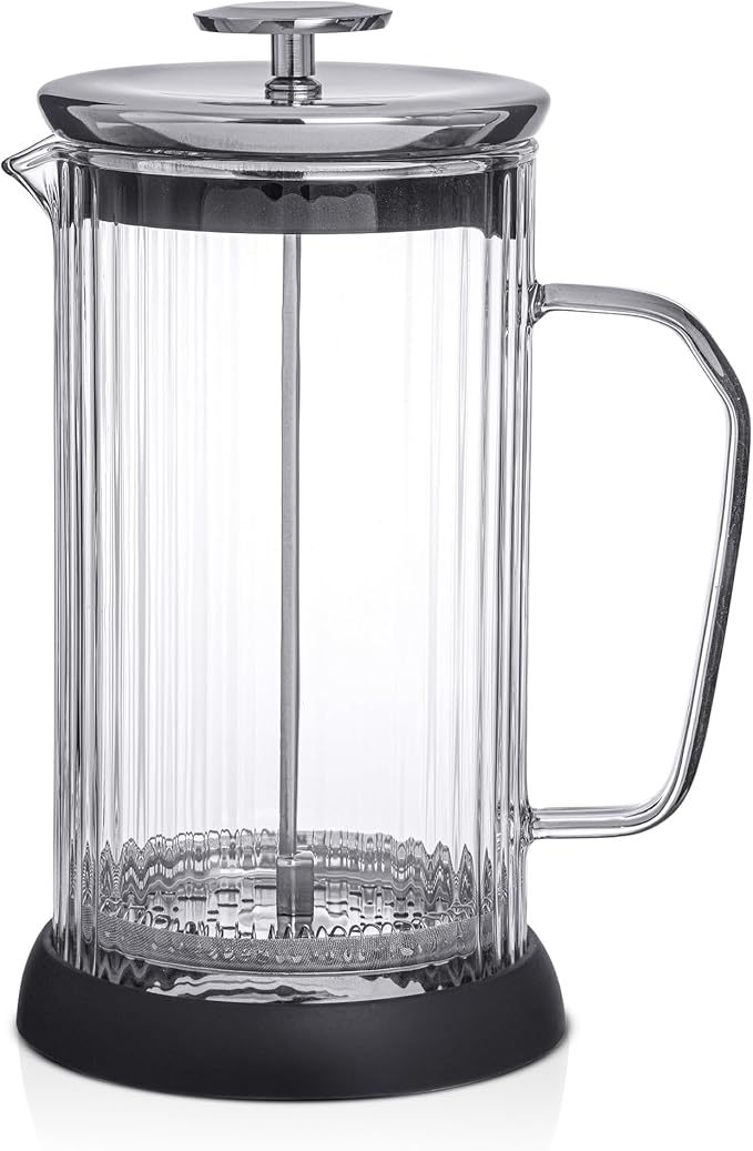 JoyJolt Fluted French Press Coffee and Tea Maker Set, 33.8oz Stainless Steel Press, Borosilicate Glass Coffee Press, Cold Brew Portable French Press, Tea Press, Large, clear