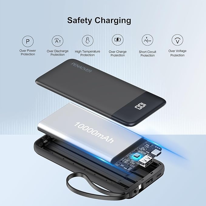 Portable Charger Built-in Cables,10000mAh Power Bank for iPhone,Fast Charge USB C Battery Pack Travel Essentials Slim Lightweight Powerbank Compatible with iPhone 17/16/15/14, Samsung, Android, etc