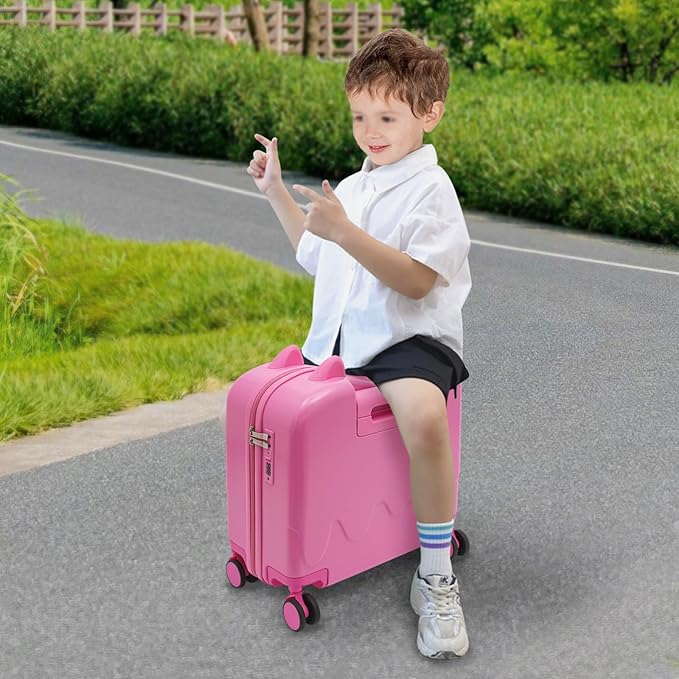 18" Kids Ride-On Suitcase,Children's Carry On Luggage Case,Rolling Luggage With Lock,Travel Trolley Case for Short Trips,School Trips,Outings (Pink)