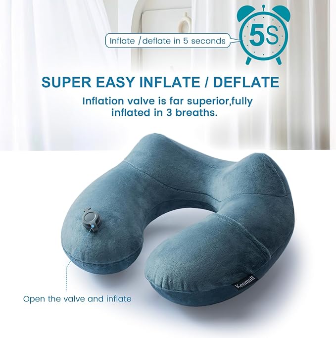 Keemall 2Pack Inflatable Travel Neck Pillow for Airplane Sleeping, Adjustable Blow Up Neck Support Air Pillow Traveling on Plane Long Flights Washable