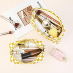 SOIDRAM 2 Pcs Checkered Makeup Bag Large Cosmetic Bag Toiletry Bag Makeup Pouch Travel Bag Organizer Cute Makeup Brushes Aesthetic Accessories Storage Bag for Women Golden Yellow
