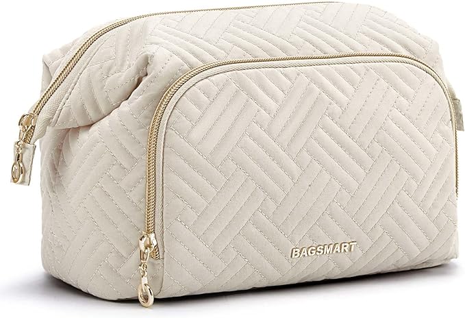 BAGSMART Travel Makeup Bag, Cosmetic Bag Small Make Up Organizer Case,Wide-open Pouch for Women Purse for Toiletries Accessories Brushes,Large Beige
