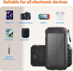 Power Bank Solar Charger 20,000mAh, Portable Phone Charger, 4 Cables Outdoor Waterproof External Backup Power Charger with USB-C for Cell Phones, Solar Battery Pack with Dual Flashlight for Camping