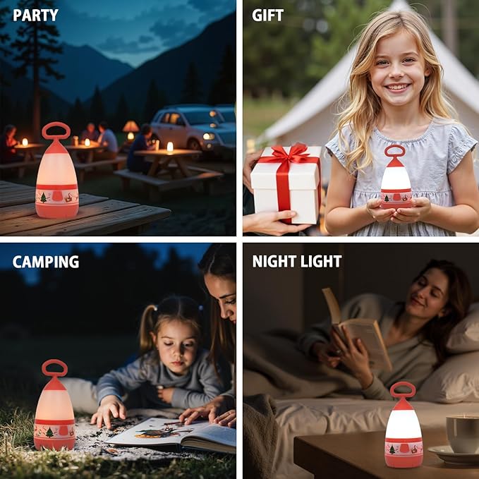 Kids Camping Lantern with Christmas Santa Sleigh Battery Powered (3×AAA Included), 3 Mode Eye Prptecting Night Light, IPX4 Waterproof Silicone Handle Tent Light for Children Gifts (2-Pack)