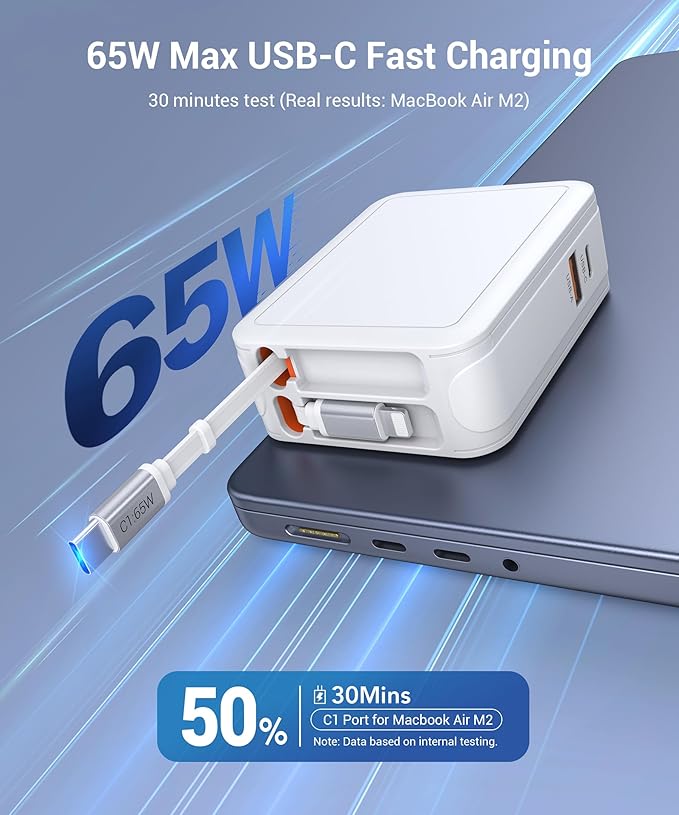 Retractable USB C Charger Wall Plug with Type C Cables Cords,65W Fast Charging Foldable Block Multi Charger,Travel Essentials Brick Multiport for Mac Book Pro/Air,iPhone 17/16/15/14,iPad,Galaxy(1Pack)