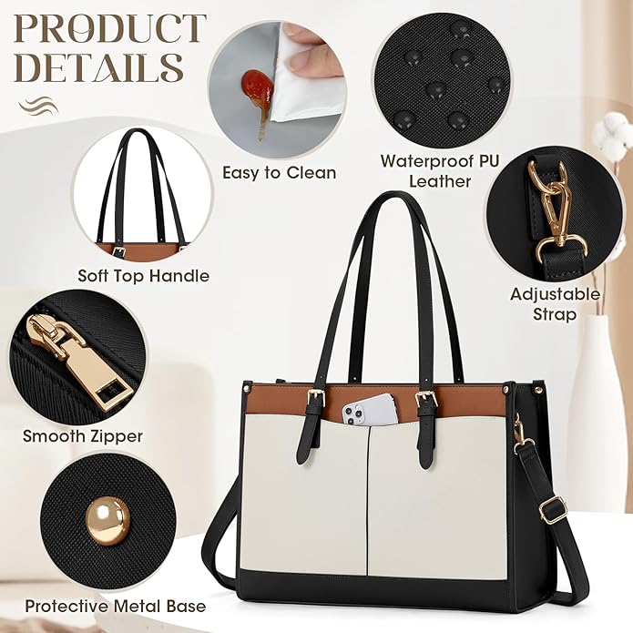 Laptop Bag for Women with Insulated Lunch Compartment 15.6 Inch Pu Leather Work Tote Computer Briefcase Bag for Office