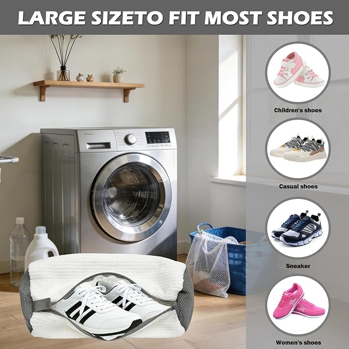 2Pcs Shoe Washing Machine Bag with Shoe Trees & Dryer Bags, Reusable 360° Deep Clean Sneaker Laundry Bag for Washer and Dryer, Protective Shoe Cleaner Bag for Sneakers, Trainers, White