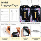 3 Pack Luxury Floral Luggage Tags, Durable PU Leather Suitcase Tags with Stainless Steel Cable Strap, Hidden ID Slot for Privacy Protection, Easy to Identify Waterproof Travel Accessories Gift (I)