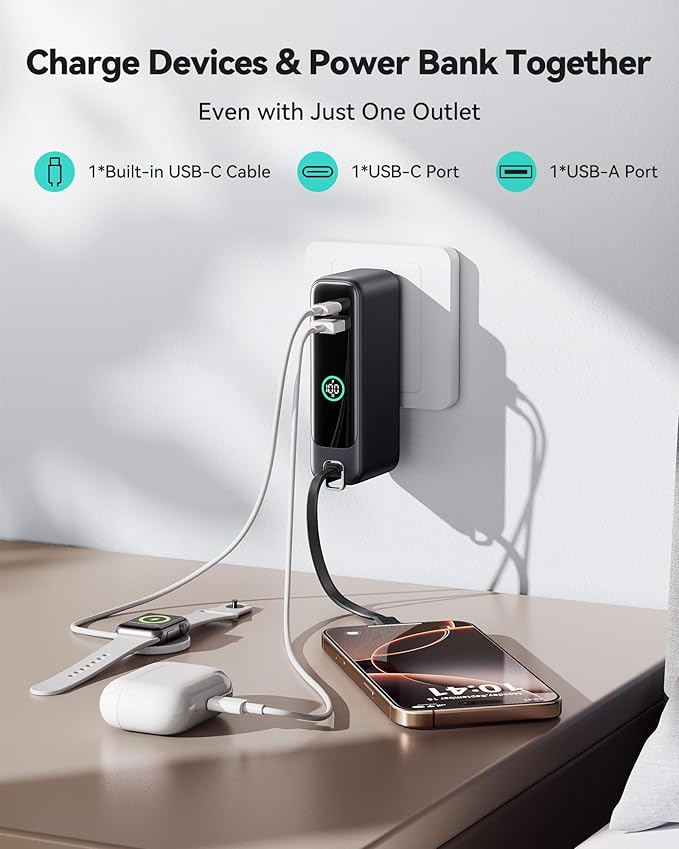 INIU 3-in-1 Portable Charger, Small 10000mah 30W Fast Charging Power Bank with Built-in USB C Cable and Foldable AC Plug, Flight Family Travel Essentials for College Students Teen Boys Girls, Green