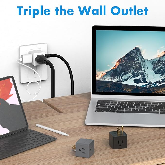POWERCORDS 3 Power Blocks Outlet Splitter,Grounded Wall Tap, 3-Prong Plug Adapter AC Multi Plug Wall Outlet, Power Splitter, Cruise Essentials, for Home Office School Dorm, UL Listed,Assorted Color