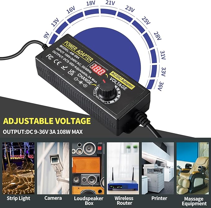 108W Universal Power Supply Adjustable DC 9~36V 3A Variable Switching Power AC/DC Adapter 9V 12V 15V 18V 20V 24V 36V Adapter100V-240V AC to DC Converter with 14 Tips & Polarity Converter & Test Leads