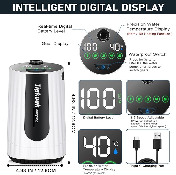 Portable Shower for Camping Essentials: 10000mAh Rechargeable Battery Powered Shower, IPX8 Waterproof Camp Shower Pump, 5-Speed Outdoor Shower with LED Display, Camping Gifts for Men, Dog Bath, Hiking