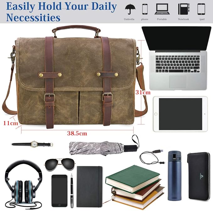 Mens Messenger Bag 15.6 Inch Waterproof Vintage Genuine Leather Waxed Canvas Briefcase Large Satchel Shoulder Bag Rugged Leather Computer Laptop Bag, Khaki