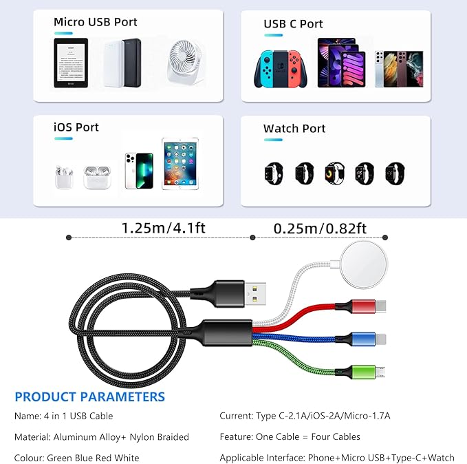 5FT/1.5M Multi Charging Cable for Apple Watch Charger Travel Nylon Braided USB C Micro USB Compatible with iWatch Ultra/SE/10/9/8/7/6/5/4/3/iPhone 16 15 Pro Max/14/13/12/Galaxy Android