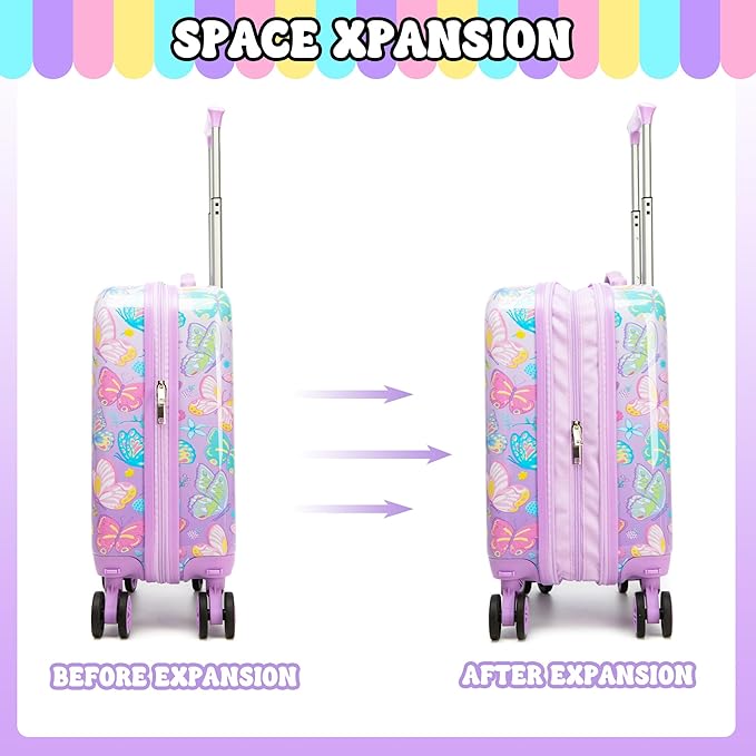 Kid’s Luggage Set 2 Piece Suitcase Set 16’’ Hardside Luggage with Spinner Wheels Girls Carry on Toddler Luggage Travel Rolling Luggage Carry on Luggage Airline Approved
