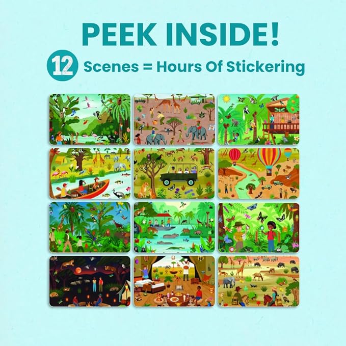 Safari Animals 500+ Kids Sticker Book by Cupkin Toddler Airplane Travel Activity Coloring and Sticker Book, Road Trip Essentials, 12 Coloring Pages 12 Scenes for Ages 2–8 Years
