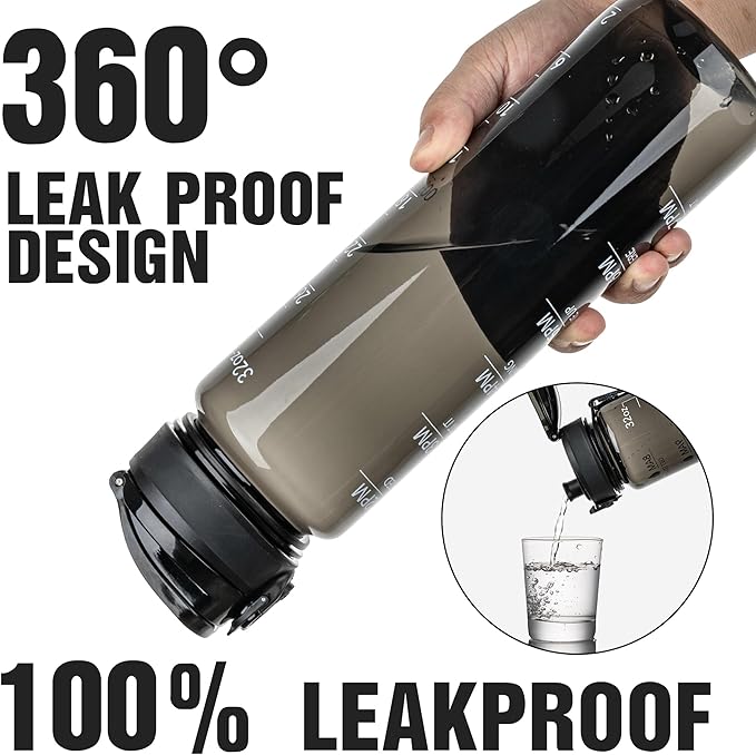 OLDLEY Water Bottle 32oz, Durable and Leakproof Water Bottles Motivational with Time Marker, Tritan, BPA Free, Wide Mouth, Gym, Travel, School,Office, Gifts for Her, Women Men,Clear Black (1 Bottle)