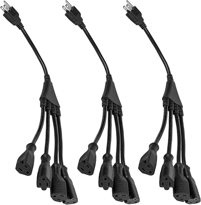 4 Way Power Splitter - Pack of 5: 1 to 4 Plug Power Strip, 1.5' Cord, 3 Prong Outlet, Black, SJT 16 AWG, UL Listed