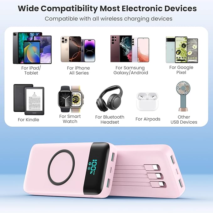 YHO Wireless Portable Charger 40800mAh for iPhone with Built-in Cables, Wireless Charging USB C Power Bank,25W PD Fast Charging Travel Essential Battery Pack for iPhone 17/16/15,Android-Pink