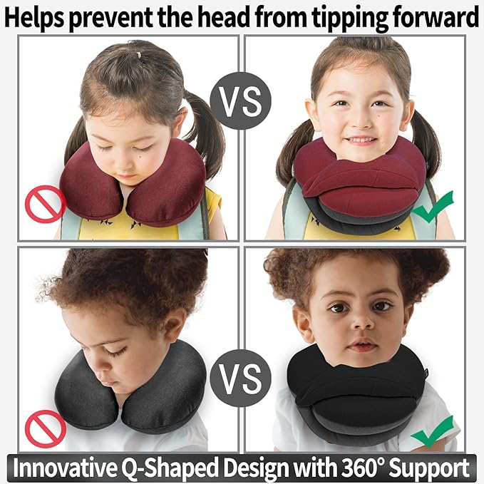 BUYUE Kids Travel Pillows for Airplane, Memory Foam 360° Head Support Sleeping Essentials for Long Flight, Skin-Friendly Soft Neck Pillow for Traveling in Car Seat, (Small, Red Grey, 40-90 lbs)