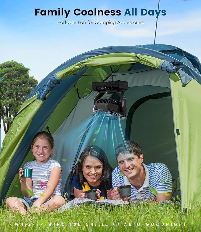 Camping Fan Rechargeable, 60H Long-Lasting Battery Powered Fan - 4 Speeds, 3 Light, Timer, Sleep Mode, Hook, Portable Fans for Camping Gear, Travel Essentials, Tent, RV, Outdoor, Garage, Emergency