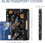 Passport Holder Cover Travel RFID Blocking Passport Cover Cute Flowers Passport Wallet with Elastic Band for Women, Dragonflies