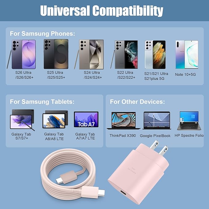 25W Super Fast Charging Cord Type C Block &10Ft USB C Android Phone Charger Cable for Samsung Galaxy S26/S25/S24/S24 Ultra/S24+/S23 Ultra/S23/S23+/S22/S22 Ultra/S22+/S21Ultra/S20 Ultra/Note 20/10